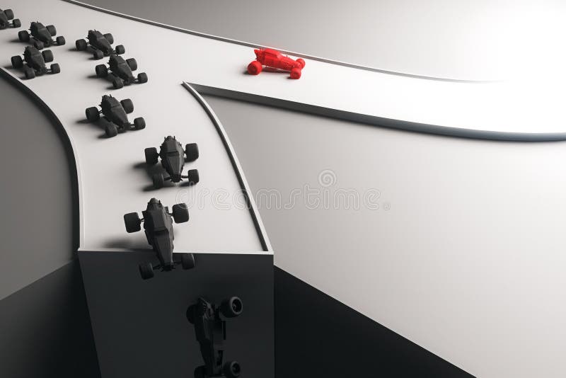 Different direction concept with abstract red car going in one direction and flow of black cars falling off cliff. 3D Rendering. Car falling off cliff illustrations