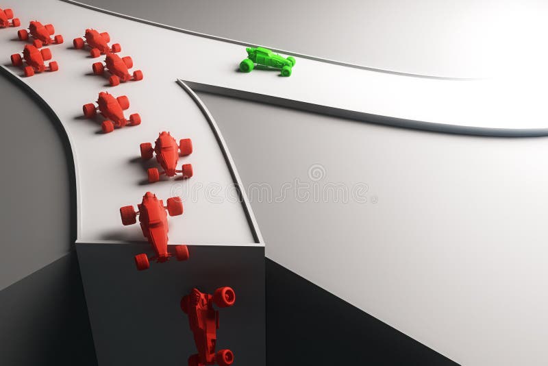 Different direction concept with abstract green car going in one direction and flow of red cars falling off cliff. 3D Rendering. Car falling off cliff illustrations