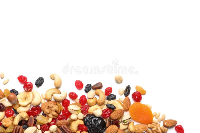 Different dried fruits and nuts on white background, top view.