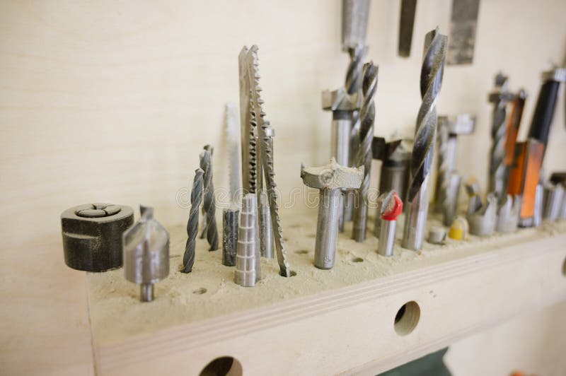 Different drills in the carpentry workshop royalty free stock photography