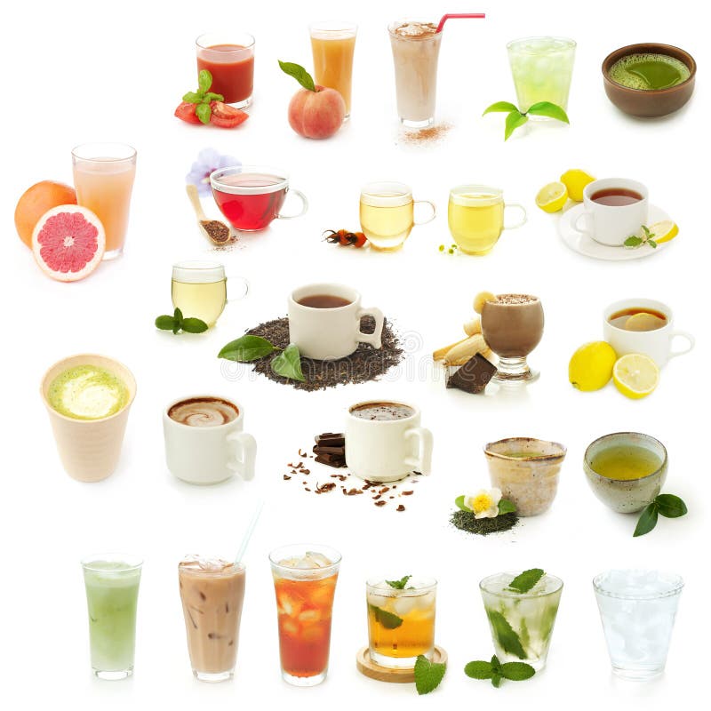 Different drinks isolated on a white background