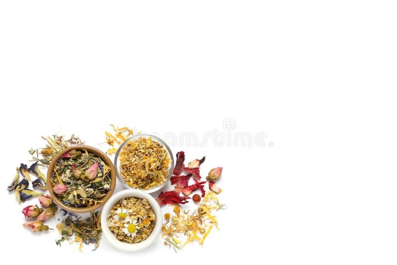 Different Dry Herbal Teas on White Background, Top View Stock Photo