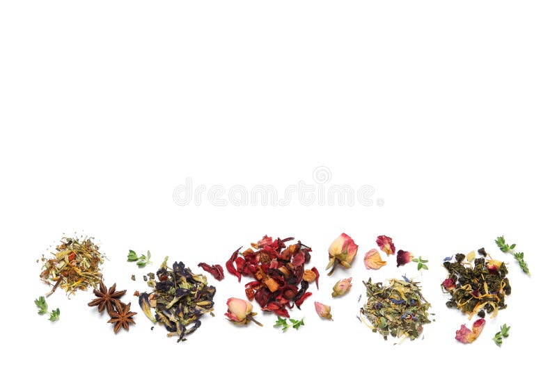 Different Dry Herbal Teas on White Background, Top View Stock Photo