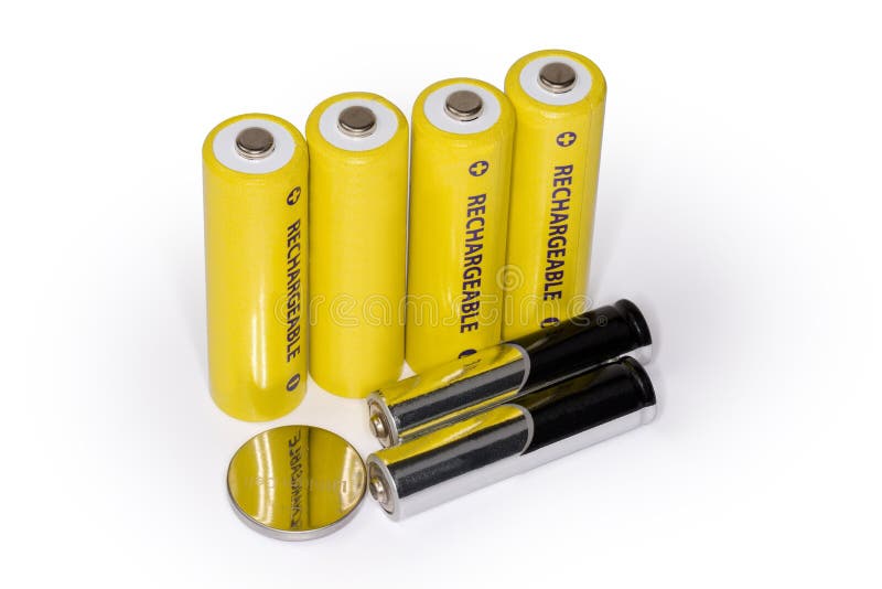 Different electric batteries for powering various consumer electronics stock photography