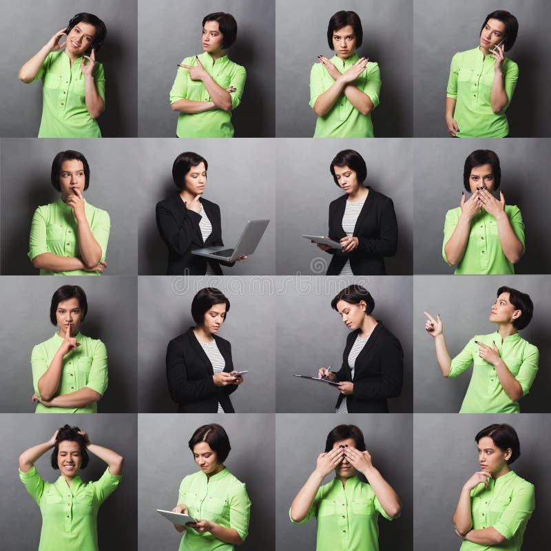 Different emotions collage. Set of brunette girl emotional portraits. Positive and negative female feelings, casual and formal business wear. Young woman grimacing on camera at gray studio background. Different emotions collage. Set of brunette girl emotional portraits. Positive and negative female feelings, casual and formal business wear. Young woman grimacing on camera at gray studio background