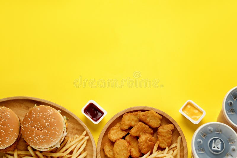 Different Fast Food on Yellow, Flat Lay. Space for Text Stock Photo - Image  of advert, dinner: 223977390