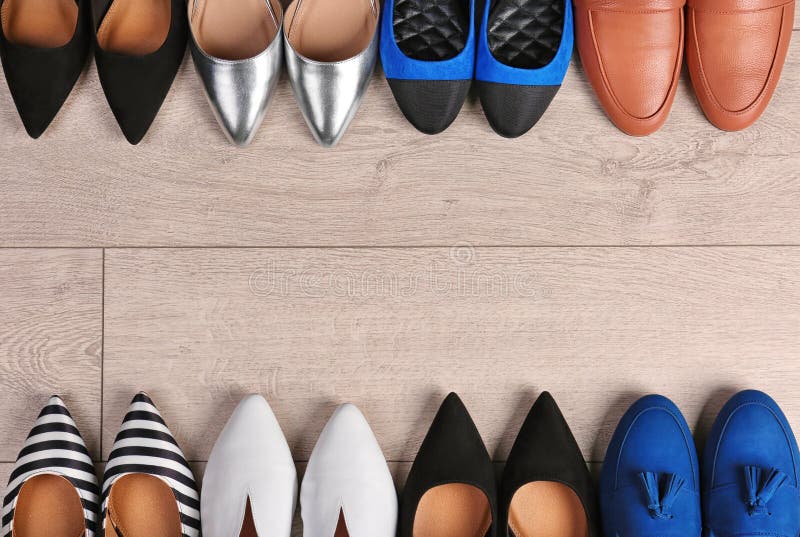Different Female Shoes on Wooden Background Stock Image - Image of ...