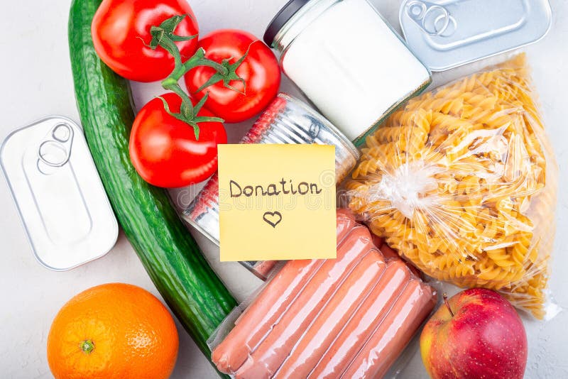 Different Food for Donation, Yellow Note with Word Donation, Horizontal