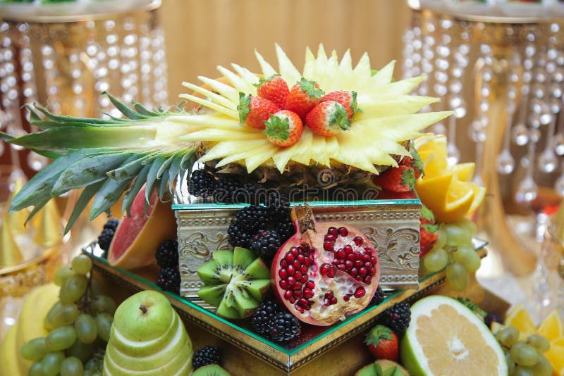 Different Fresh Fruits on Wedding Buffet Table. Wedding Table
