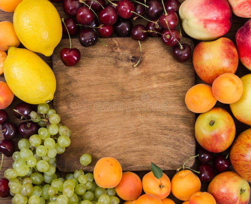 Different Fruits Around Wooden Cutting Board Stock Photo Image of