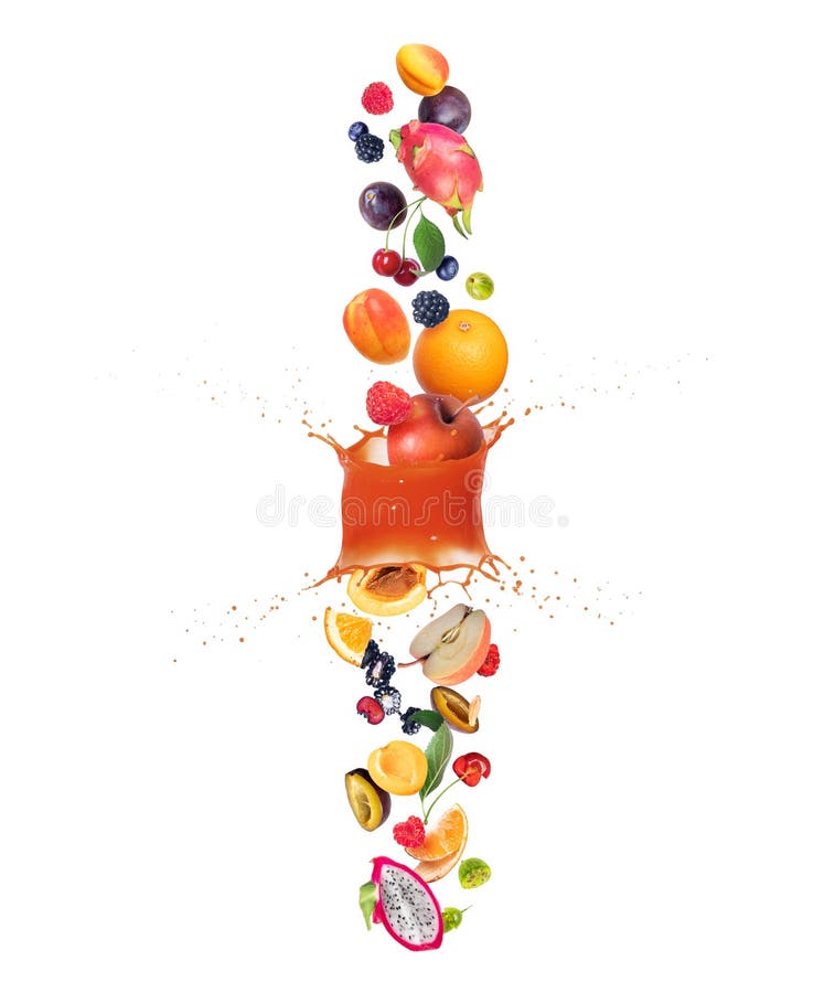Different Fruits and Berries are Falling Down through Splashes of Juice