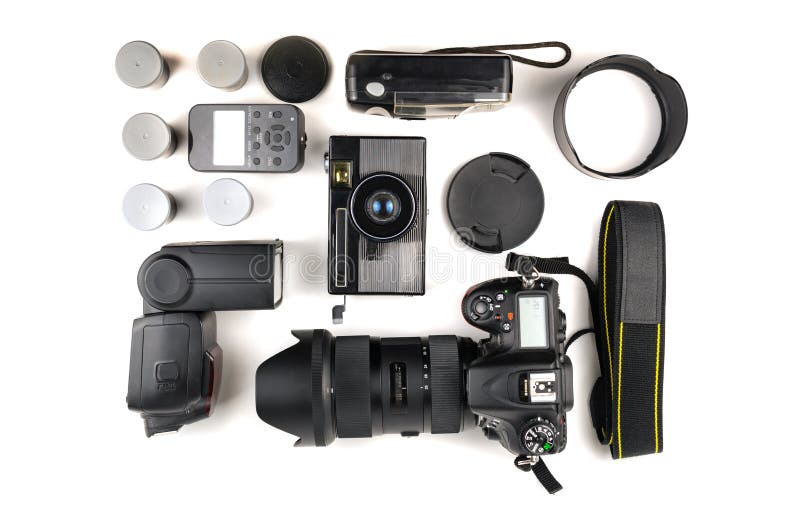 Different Generations of Cameras and a Flash with a Sync Stock Photo