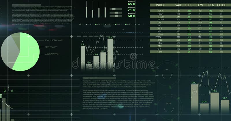 Digital image of colorful different graphs and statistics moving in the screen against a dark background with square patterns