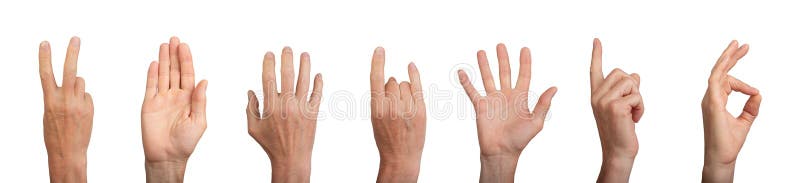 Different hand gestures set. Victory, V sign, hi, bye, horns rock, pointing indicating finger, ok stock photos