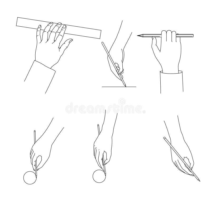 Different Hand Positions Drawing with Pencil and Ruler, Measuring or ...