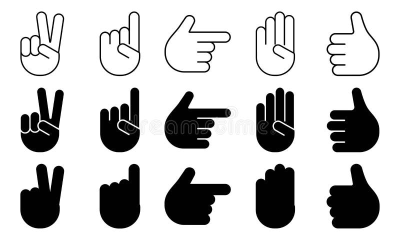Different hands gestures of human, set of black and white icons, outline, flat design, silhouettes. Vector vector illustration Different hands gestures of human, set of black and white icons, outline, flat design, silhouettes. Vector vector illustration