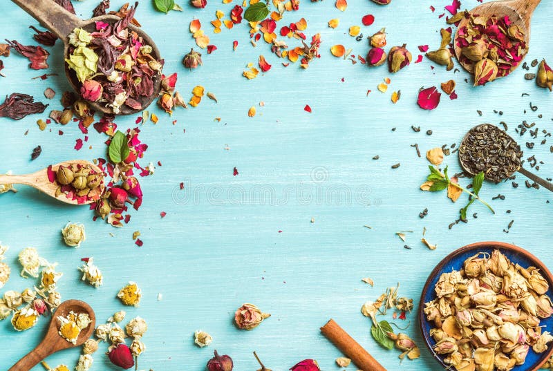 Different herbs for making healthy tea: mint, cinnamon, dried rose in bowl, camomile flowers in spoons over blue painted background, top view, copy space, horizontal composition