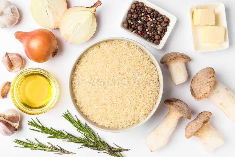 Different Ingredients on White Background. Risotto Recipe Stock Image