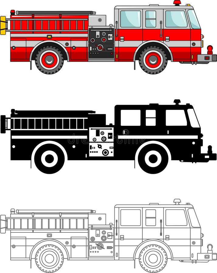 Different kind fire trucks on white background in flat style: colored, black silhouette and contour. Vector