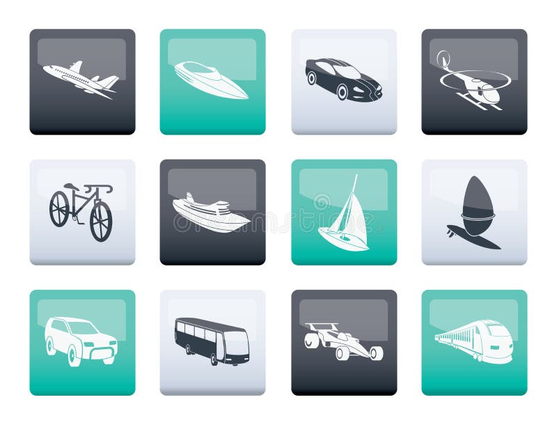Different kind of transportation and travel icons over color background