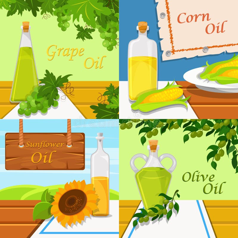 Different Kinds of Edible Vegetable Food Oils. Grape, Corn, Sunflower