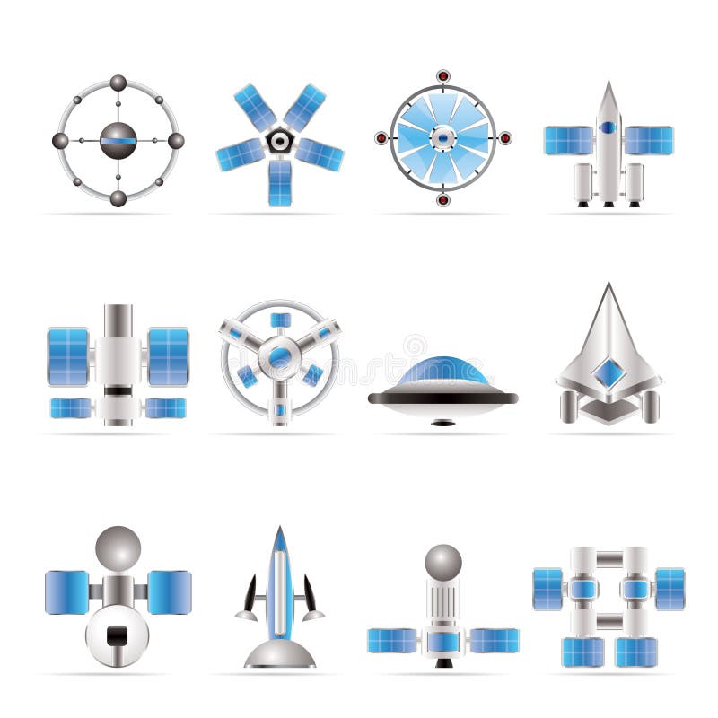 Different kinds of future spacecraft icons stock illustration
