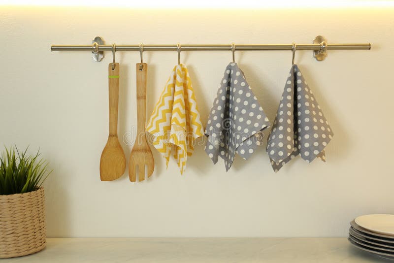 Different Kitchen Towels Hanging Hook Rack Stock Photos Free