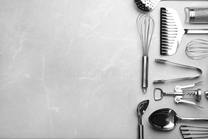 Different Kitchen Utensils on Grey Background, Top View Stock Photo