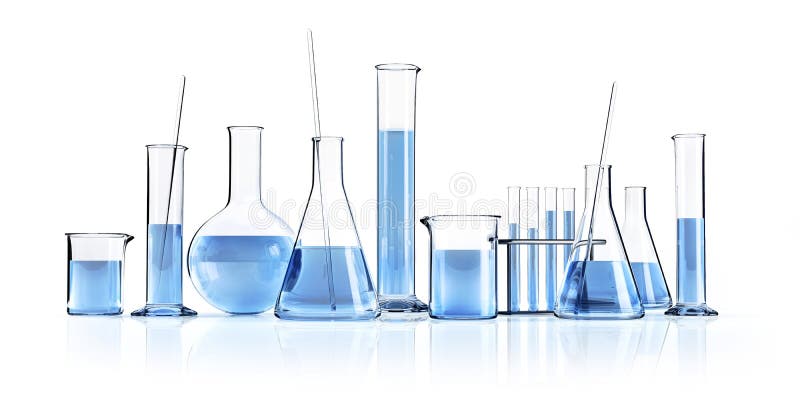 Different Laboratory glassware with blue liquids stock illustration