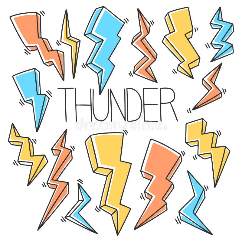 Different lightnings vector concept in doodle and sketch style. Hand drawn illustration. Icon and logo idea stock illustration