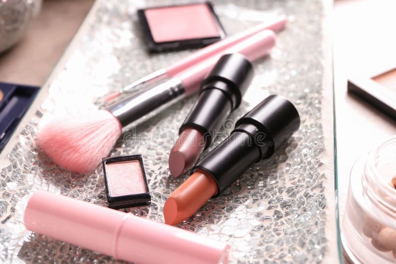 Different Lipsticks and Other Cosmetics on Table Stock Photo Image of