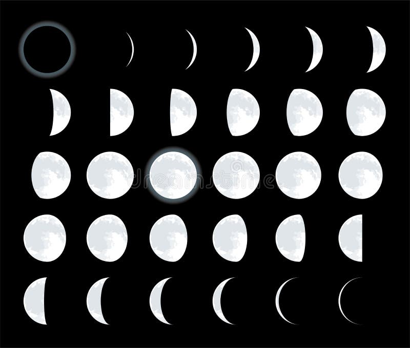 28 Different Lunar Phases. Complete Moon Satellite Cycle Stock ...