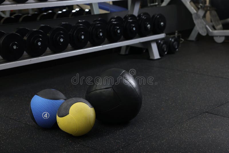 Different Medicine Balls on Floor in Gym Stock Image Image of hard