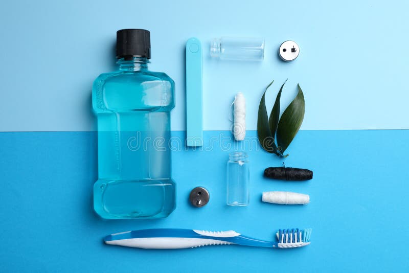 Different Oral Hygiene Products on Color Background, Flat Lay Stock