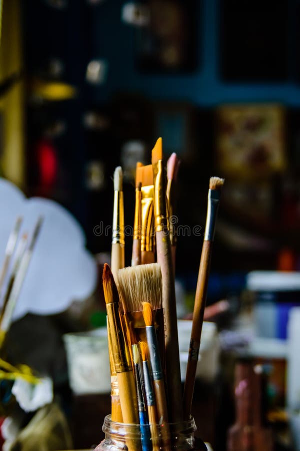 Different Paint Brushes in Art Studio Stock Image Image of collection