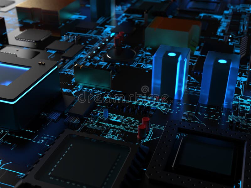 Different parts of the computer chips and transistors in blue backlight royalty free illustration