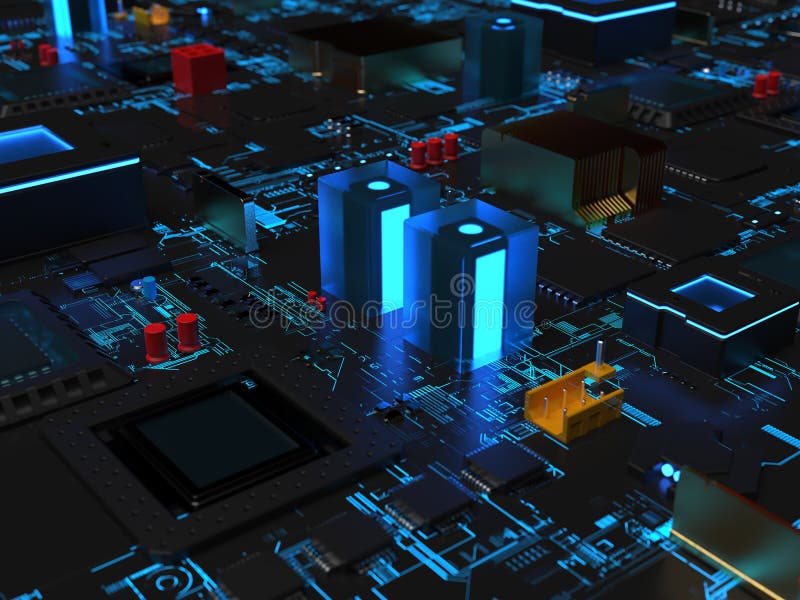 Different parts of the computer chips and transistors in blue backlight stock illustration