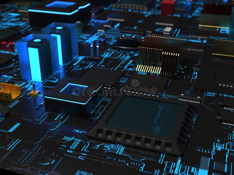 Different parts of the computer chips and transistors in blue backlight royalty free illustration