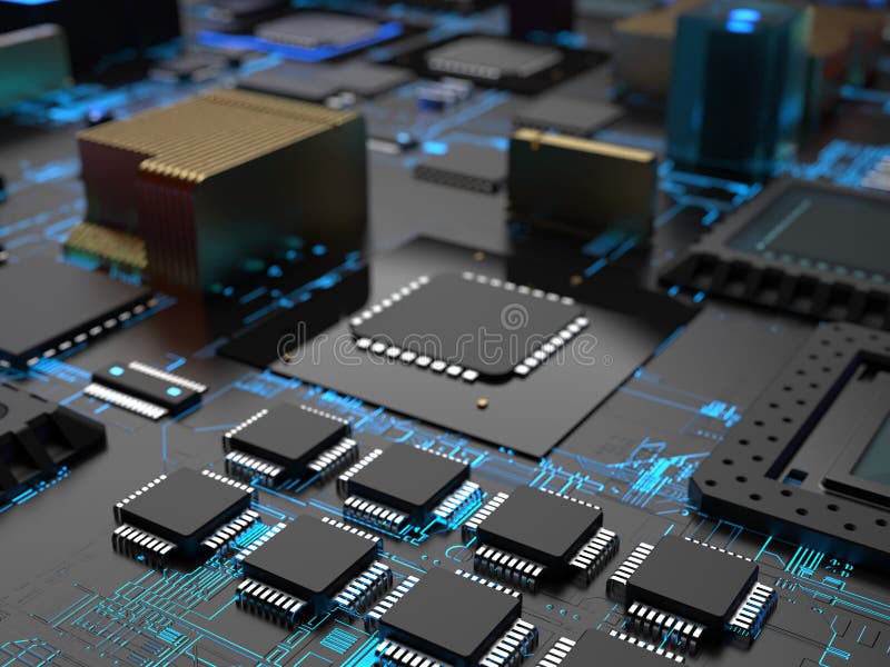 Different parts of the computer chips and transistors in blue backlight royalty free illustration