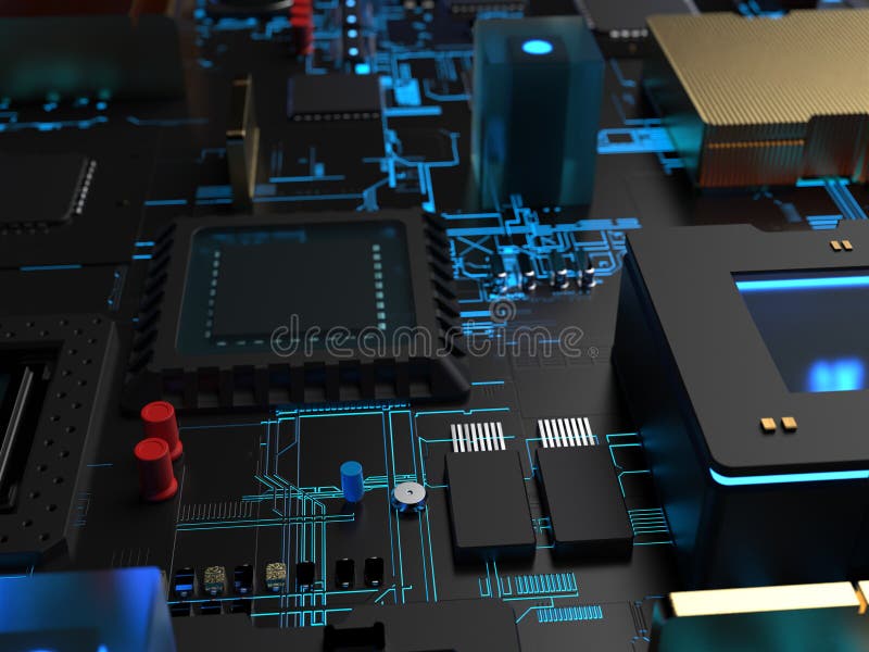 Different parts of the computer chips and transistors in blue backlight royalty free illustration