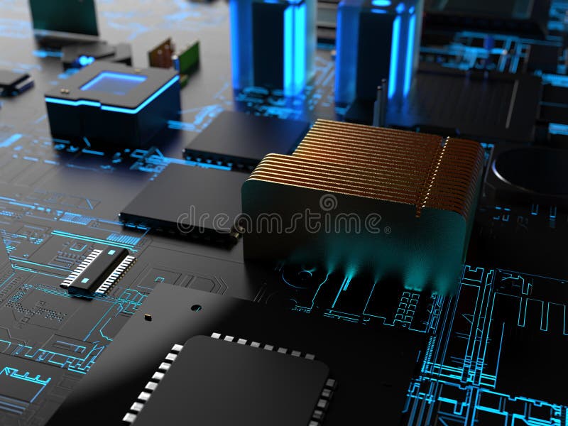 Different parts of computer chips and transistors. 3d render on the topic of technology
