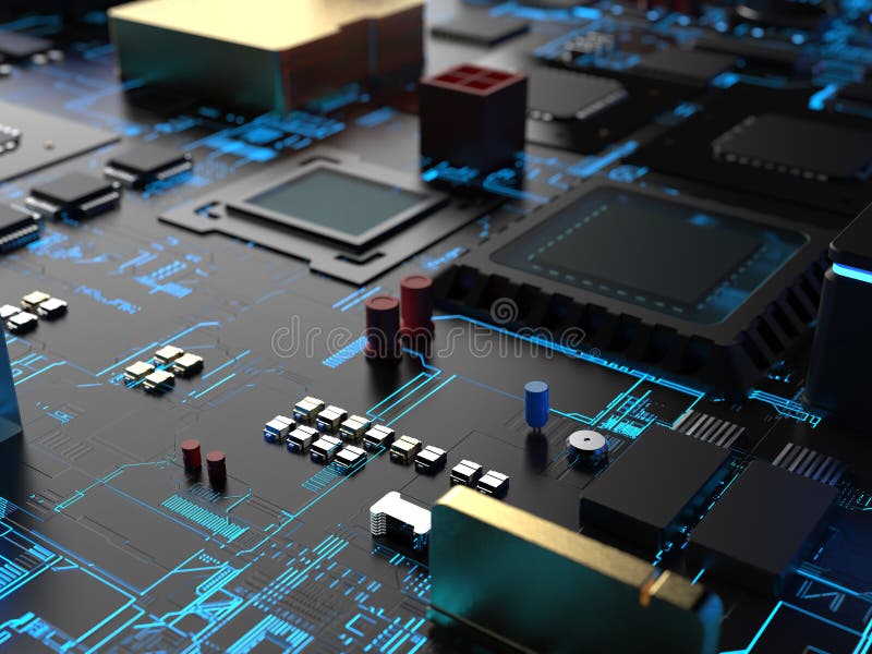 Different parts of computer chips and transistors. vector illustration