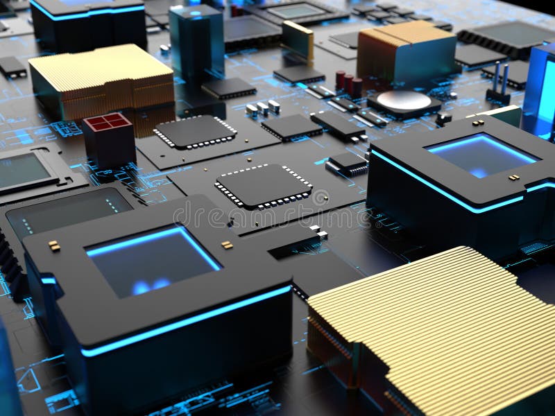 Different parts of computer chips and transistors. stock illustration
