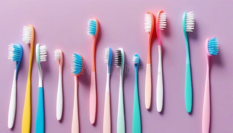 Different pastel tooth brushes pattern on isolated background. Many toothbrush choices for dental care and oral prevention hygiene. Family teeth care dentist concept created with generative ai