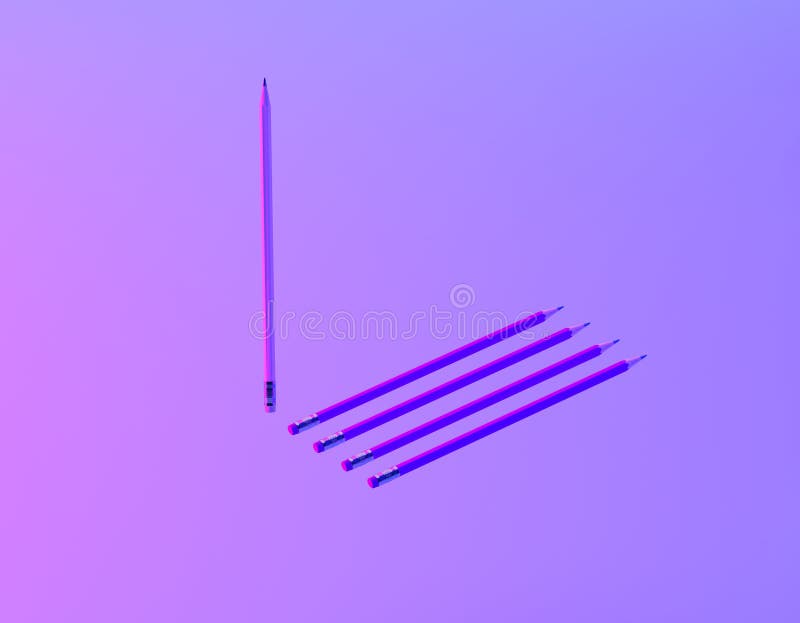 Different pencil in vibrant bold gradient purple and blue holographic colors background. minimal creative concept. The idea about royalty free stock image Different pencil in vibrant bold gradient purple and blue holographic colors background. minimal creative concept. The idea about royalty free stock image