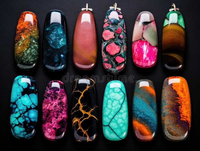 Different Pendants of Pink, Blue and Green Color on Black Stone Background, Bijouterie Made of Epoxy Resin and Wood Top View, Generative AI Illustration AI generated