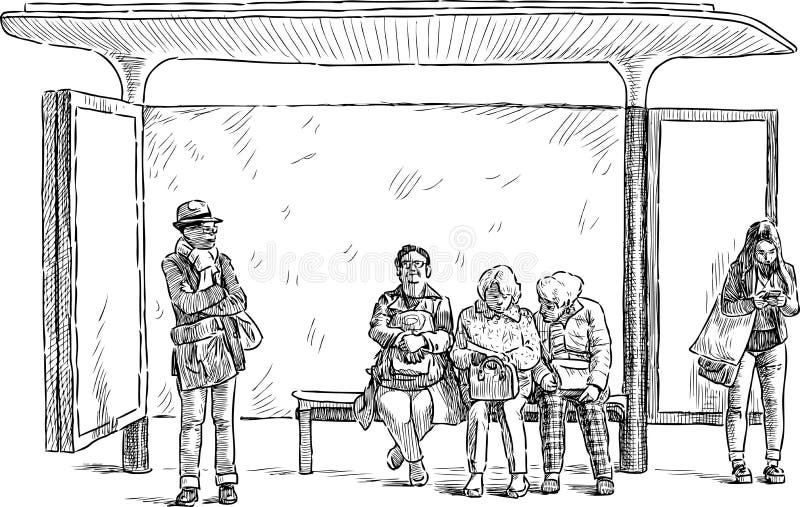 Vector drawing of the casual townspeople waiting a bus. Vector drawing of the casual townspeople waiting a bus.