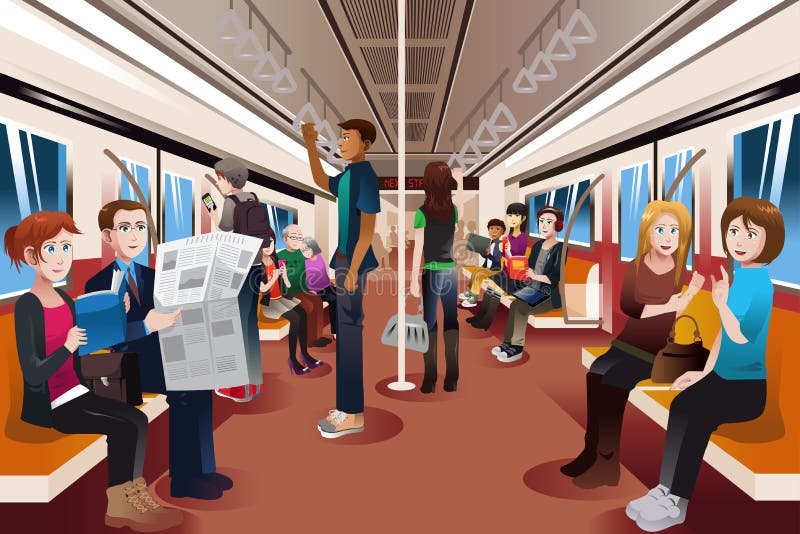 Different people inside crowded subway vector illustration