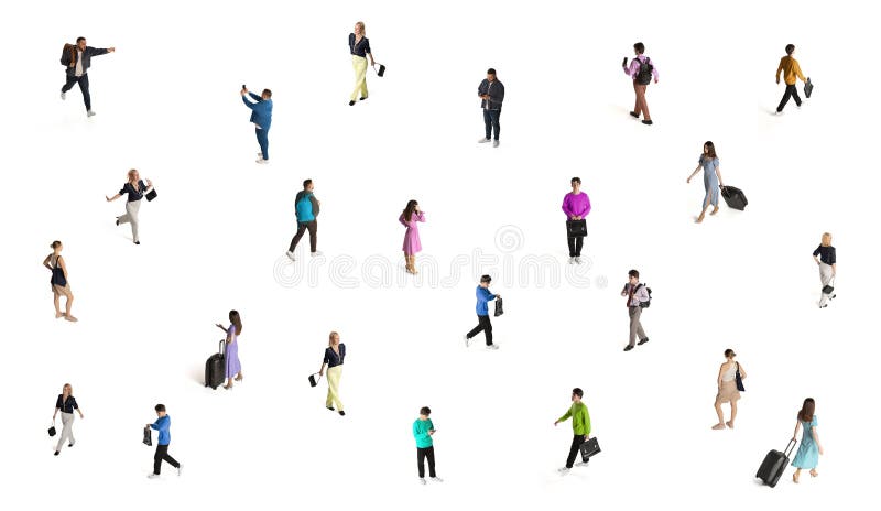 Different people, men and women doing diversity of tasks, working, travelling, walking. Conceptual collage. Isometric