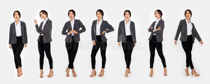 Different pose of same Asian woman full body portrait set